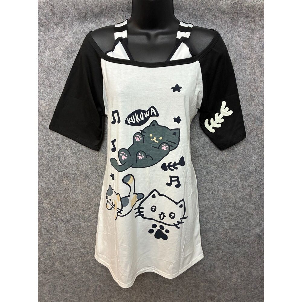 Kawaii Cat Graphic Tunic Top Black White Striped Japanese Inspired Y2K Size M